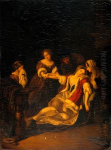A lady fainting after bloodletting. Oil painting after Eglon by Eglon van der Neer