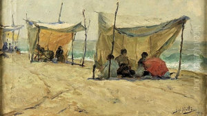 Beach with tents with figures Beach with tents with figures