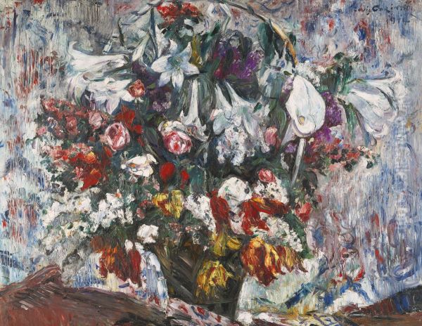 Flower basket with amaryllis, lilac, roses and tulips - view 1