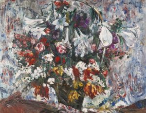 Flower basket with amaryllis, lilac, roses and tulips by Lovis (Franz Heinrich Louis) Corinth