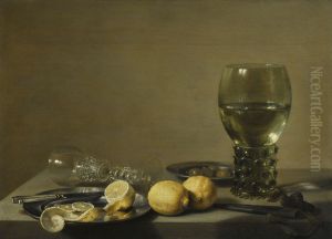 Still Life with Two Lemons, a Facon de Venise Glass, Roemer, Knife and Olives on a Table by Pieter Claesz