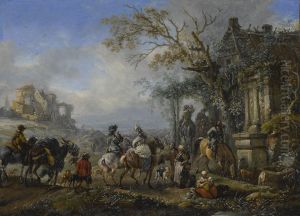 Hunting company resting by a fountain by Philips Wouwerman