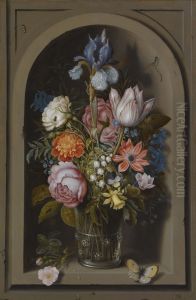 A still life of flowers in a glass beaker set in a marble niche