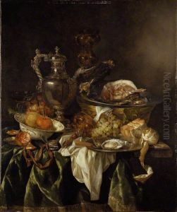 Pronkstilleven met een zilveren wijnkan met hierin het portret van de kunstenaar gereflecteerd by Abraham Van Beijeren