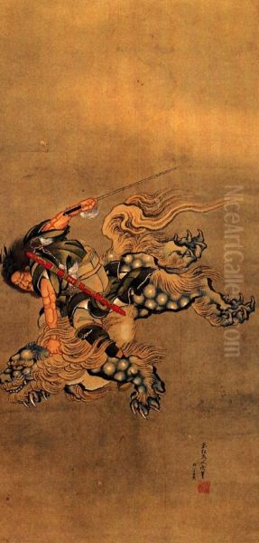 Shoki riding a shishi lion - view 1