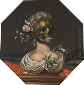Vanitas bust of a lady with a crown of flowers on a ledge by Catarina Ykens (II)
