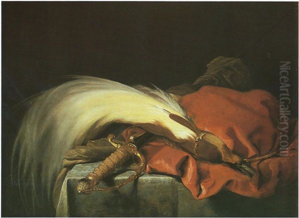 Still life with a hunting sword and a red velvet cap decorated with the plumage of a bird of paradise - view 1