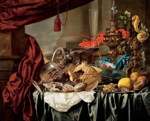 Opulent Still-Life with Silver and Gilt Metal Objects, Nautilus Shell, Porcelain, Food and Other Motifs on a Draped Table