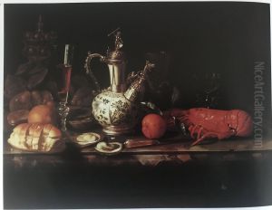 Sumptuous Still Life with Lobster, Oysters, Silvergilt Covered Beaker, Silver mounted Kendi wine flask and Glassware by Pieter Gerritsz van Roestraten