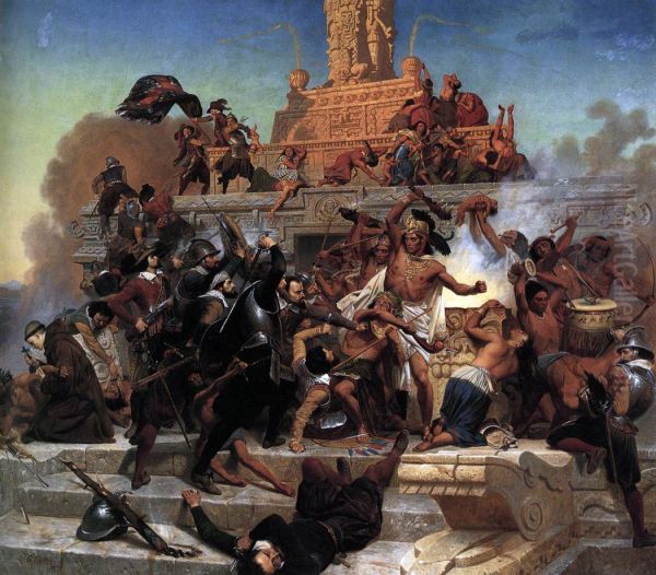Cortez with stout armored band fights his way back into Tenochtitlan - view 1
