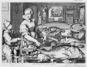 Kitchen Scene with Kitchen Maid Preparing Fish, Christ at Emmaus in the Background, from Kitchen and Market Scenes with Biblical Scenes in the Background