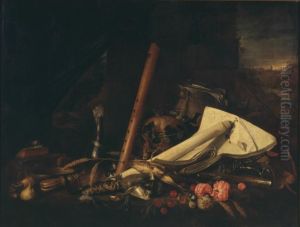 Vanitas still life with books, fruit and a flute by Jan Davidsz. De Heem