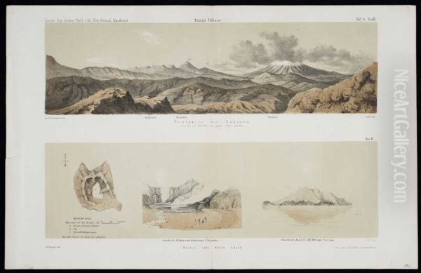 Tongariro und Ruapahu, vom Berge Ngariha aus gegen Sudost gesehen. Taf.8. Dr F. Hochstetter del. Whakari oder White Island.  Ch. Heaphy - view 1