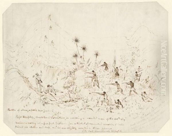 Battle of Mangapiko, New Zealand, Capt. Heaphy, Auckland Volunteers, in assisting a wounded man of the 40th Reg., received a volley at a few feet distance - view 1