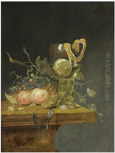 A roemer filled with wine and a lemon on a wooden table, with peaches, grapes, and a watch A roemer filled with wine and a lemon on a wooden table, with peaches, grapes, and a watch