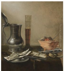 Still life with a pewter flagon, a tall glass, a chafing-dish and smoker's requisities, all on a draped table by Pieter Claesz