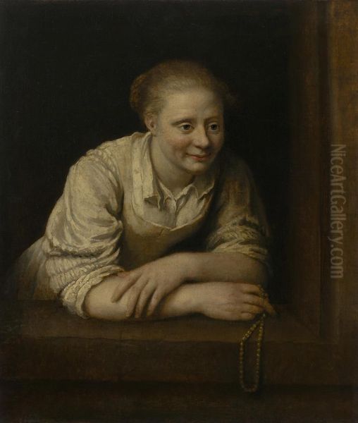 Woman Holding a Pearl Necklace In Her Hand - view 1