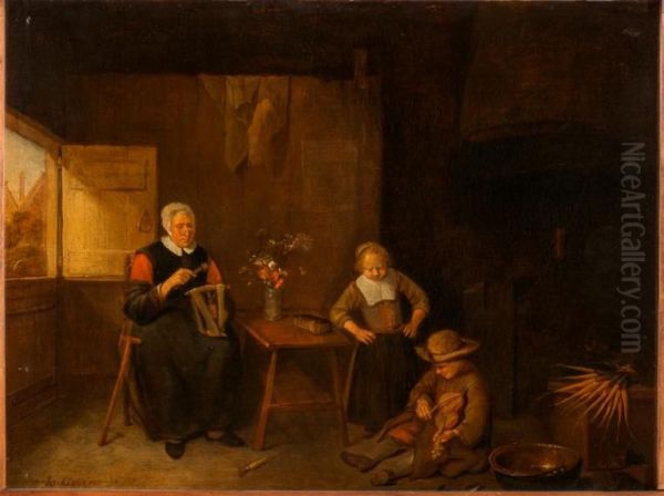 An Old Woman Twisting Threads and Two Children in the Room - view 1