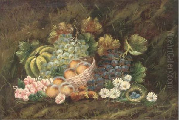 Peaches In A Basket, With Grapes, Strawberries, Flowers, A Melonand A Bird's Nest With Eggs To The Side - view 1