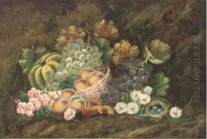 Peaches In A Basket, With Grapes, Strawberries, Flowers, A Melonand A Bird's Nest With Eggs To The Side by Evelyn Chester