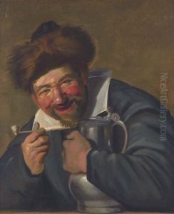 Merry man holding a pewter jug and a pipe by Frans Hals