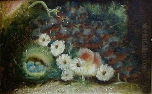 Grapes, Flowers, Robin's Nest And Peach In A Landscape by Evelyn Chester