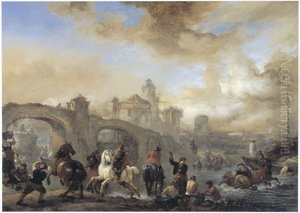 Grooms watering their horses by Philips Wouwerman