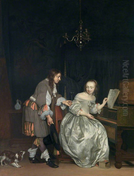 Interior with a Lady at a Spinet and a Gentleman Offering Her a Glass of Wine - view 1