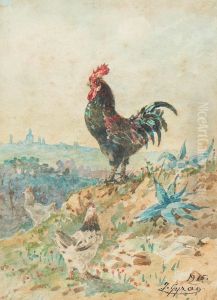 Rooster and view of Lisbon with the Basilica of Estrela in the background by unknown