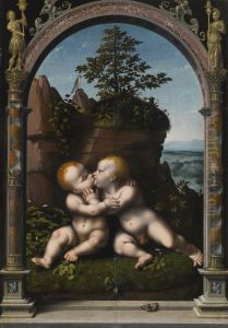 The infant Christ and Saint John as children embarcing in a landscape, surrounded by a classical archway by Joos Van Cleve