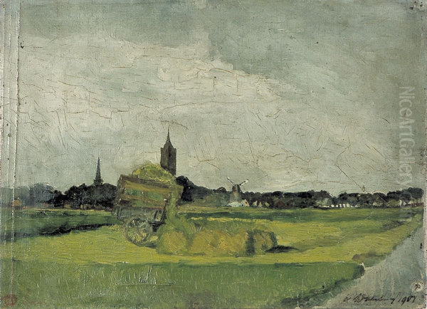 Landschap met hooikar, kerktorens en molen - view 1