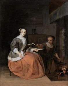 Young woman and maidservant feeding a pancake to a dog