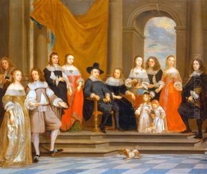Group portrait of the family of Melchior de Stanza (?-?) with a servant and a self-portrait by Gonzales Coques