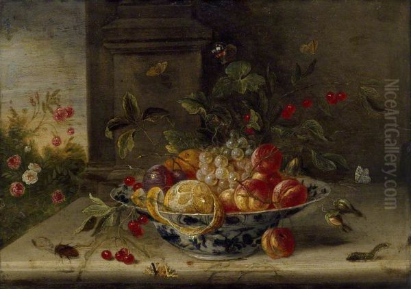 Decorative Still-Life Composition with a porcelain Bowl, Fruit and Insects - view 1