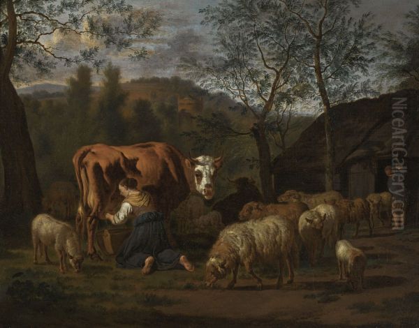 Maid milking a cow, surrounded by sheep - view 1