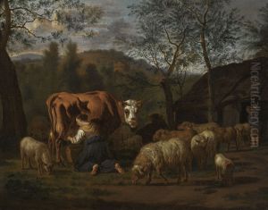 Maid milking a cow, surrounded by sheep by Adriaen Van De Velde