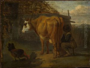 Brown cow milked by a shepherd Brown cow milked by a shepherd
