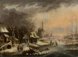 Winter Scene With Figures Playing On A Frozen River Withwindmills In The Background Winter Scene With Figures Playing On A Frozen River Withwindmills In The Background