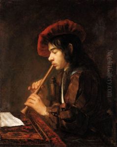 Garcon jouant de la flute  a bec.