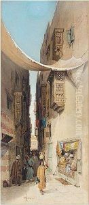 Figures On A Street In Cairo by Robert Magnus Chevalier