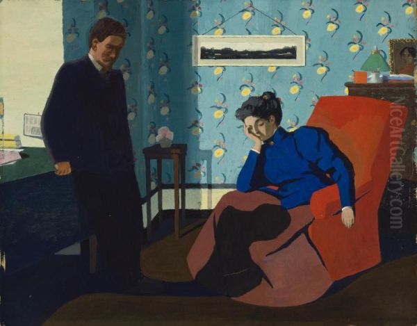 Interior with red armchair and figures - view 1