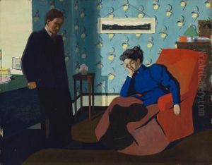 Interior with red armchair and figures by Felix Vallotton