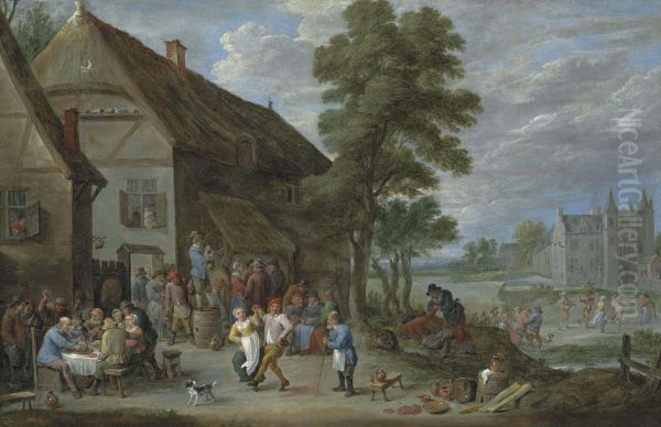 Peasants dancing outside an inn at Perck, with the Kasteel de Drij Toren beyond - view 1