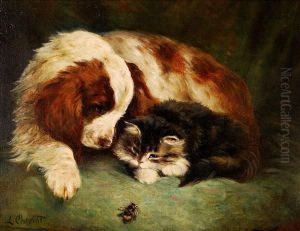 Clumberspaniel And Kitten Watching A Bumble Bee by Lilian Cheviot
