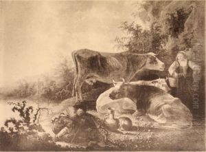 Cows at Pasture, with a Milkmaid and a Sleeping Herdsman by Aelbert Cuyp