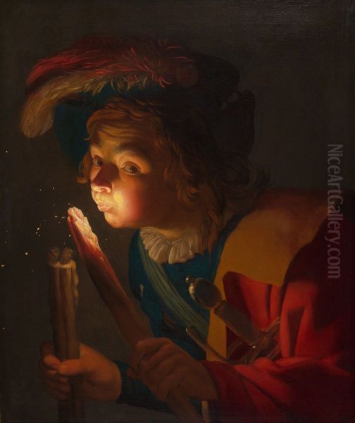 Boy blowing on an firebrand - view 1