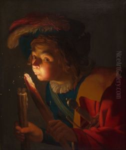Boy blowing on an firebrand by Gerard van Honthorst