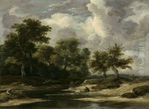 A wooded river landscape with a traveller and dog by Jacob Van Ruisdael