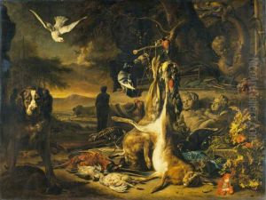 Hares and Pheasant at a Fountain with a Dog