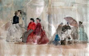 Figures on Beach in front of Bathing Huts by Eugene Louis Boudin
